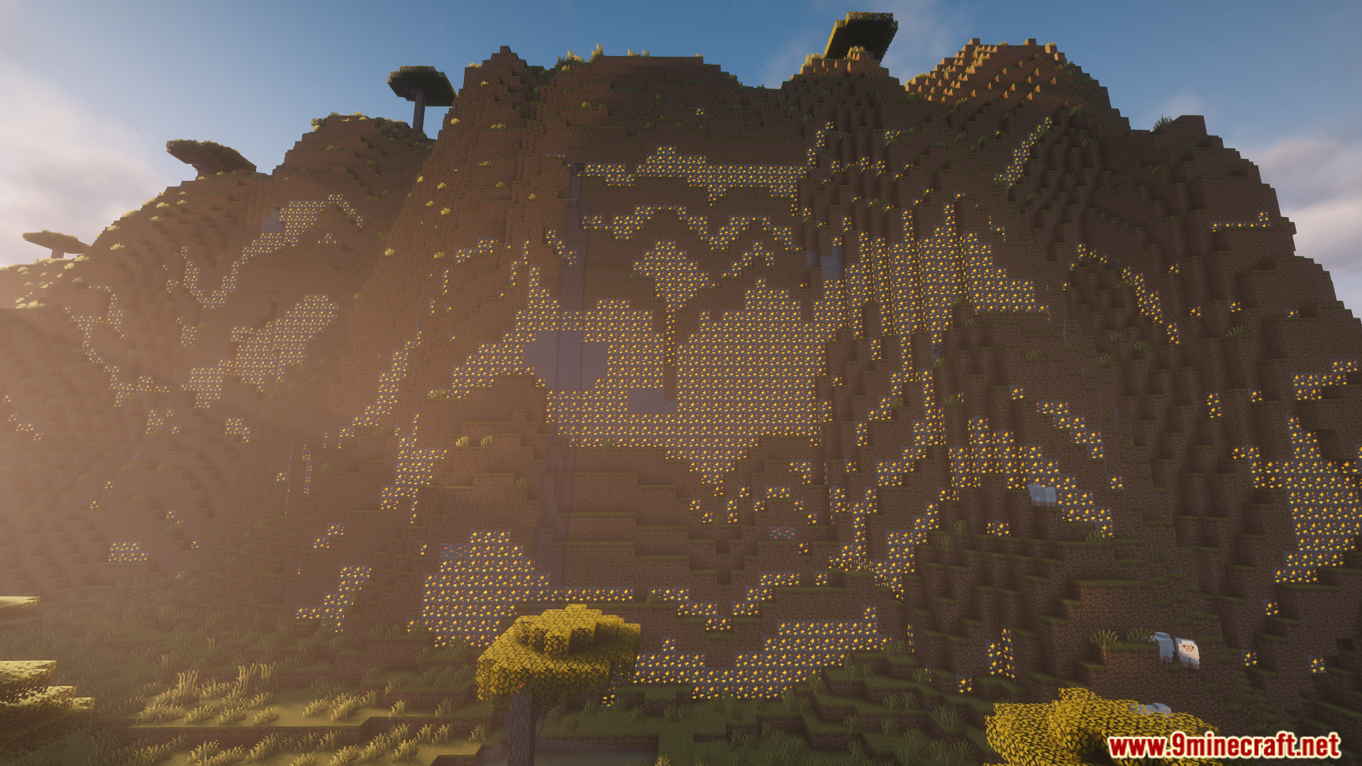 A large mountain generated with patterns of glowing ore blocks