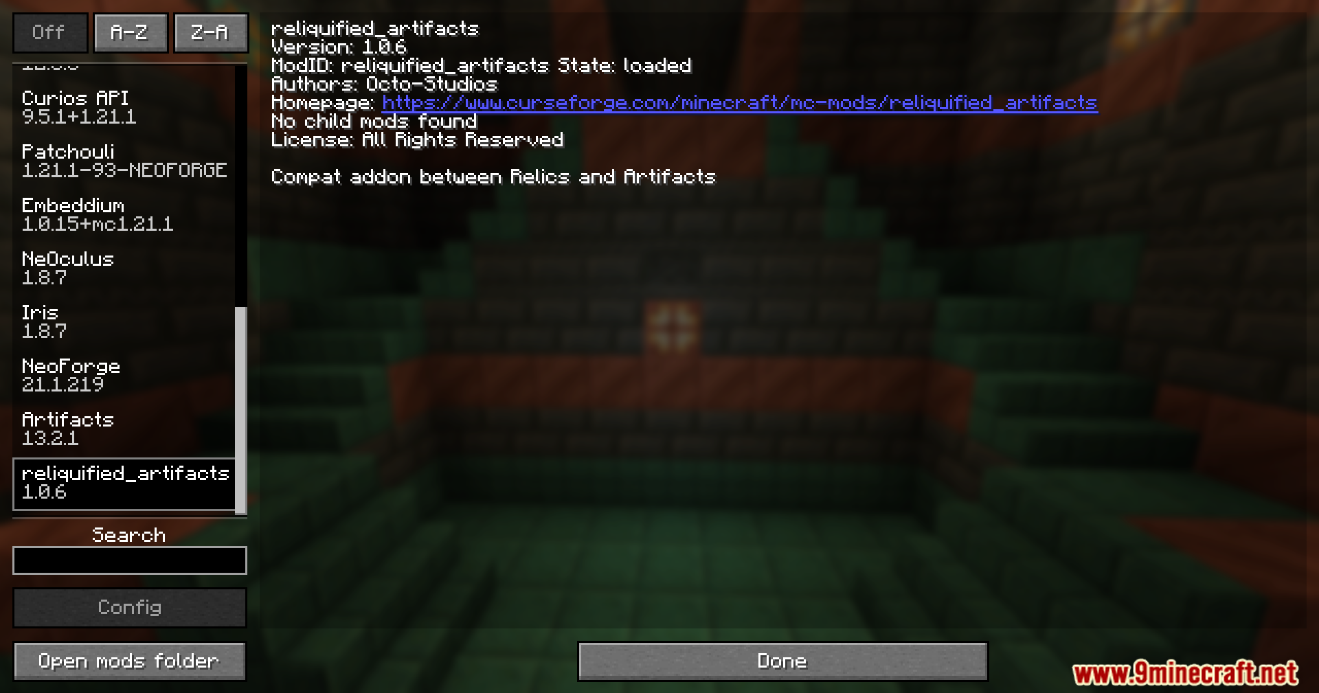 Reliquified Artifacts mod information screen in Minecraft