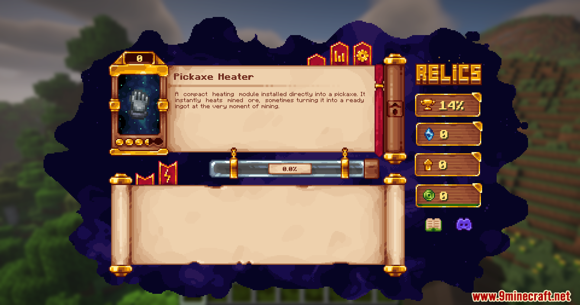 The Pickaxe Heater relic UI from the Reliquified Artifacts mod