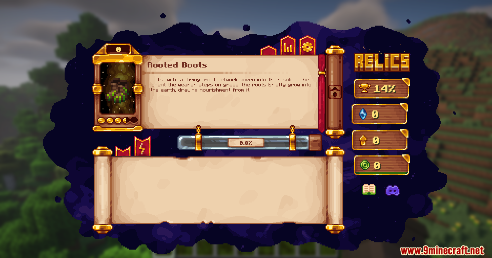 The Relics UI displaying the Rooted Boots artifact