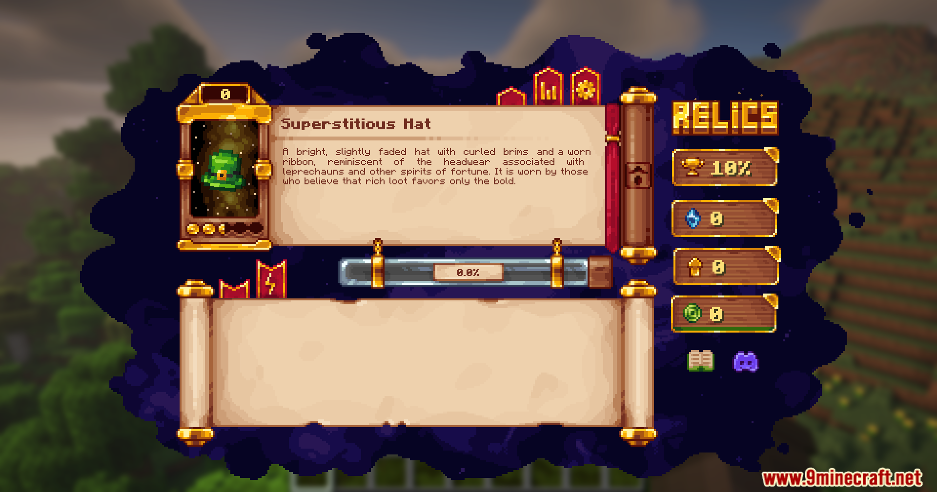 Reliquified Artifacts mod UI for the Superstitious Hat