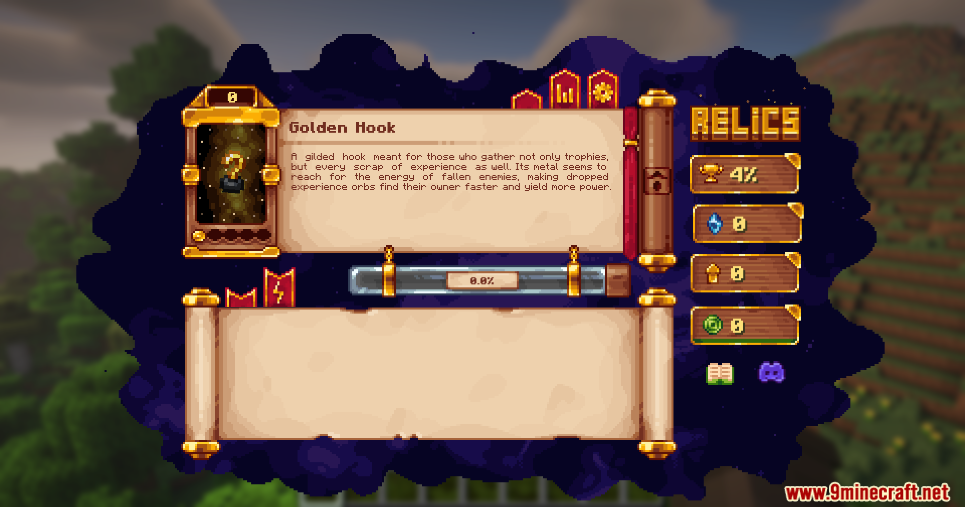 The Golden Hook relic's description and stats screen