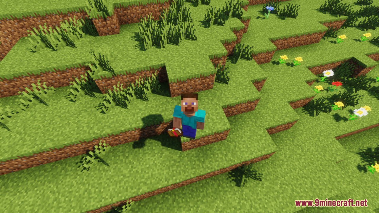 Steve holding an enchanted book on a grassy hill