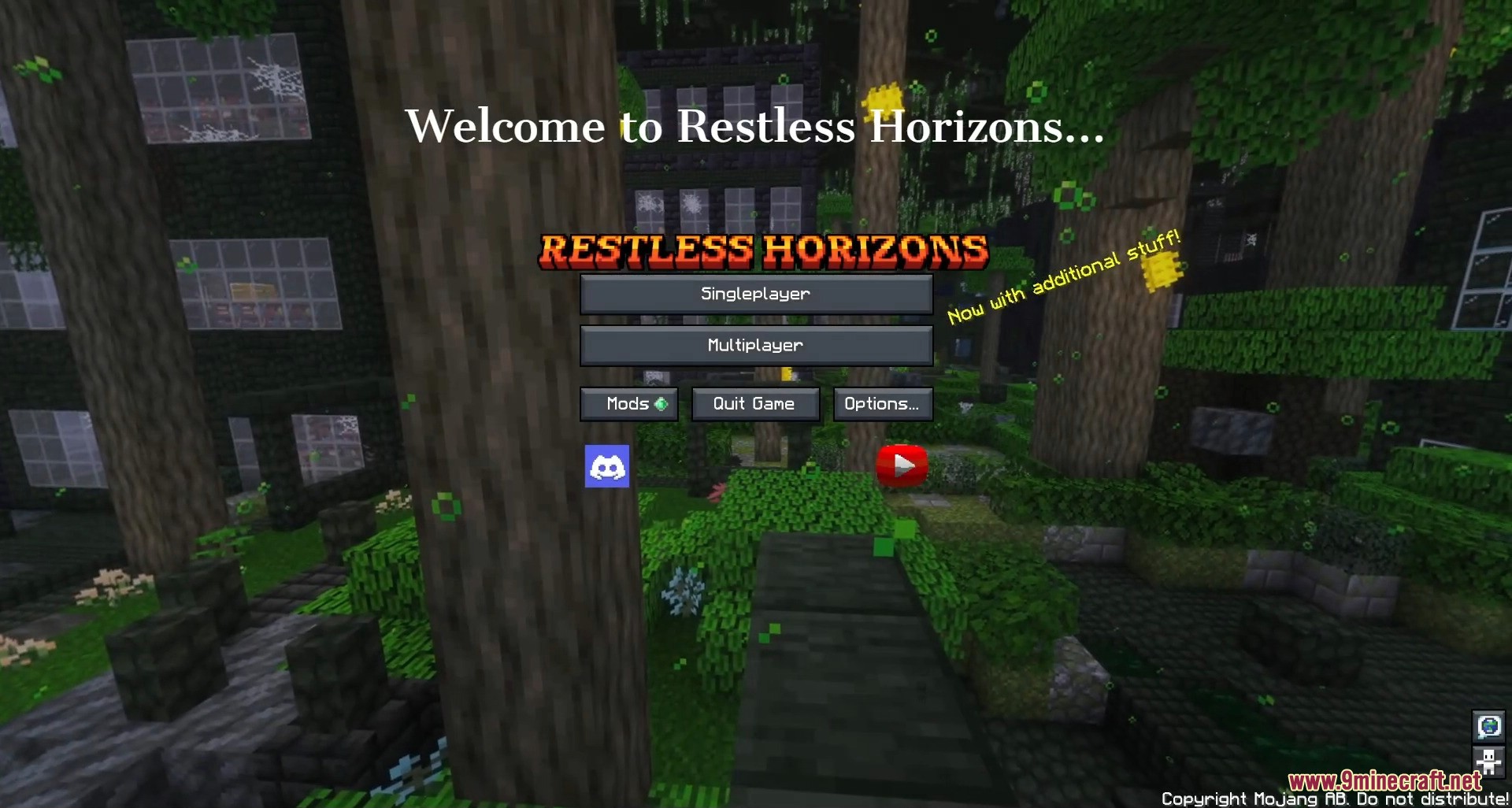 Restless Horizons modpack main menu screen in a forest