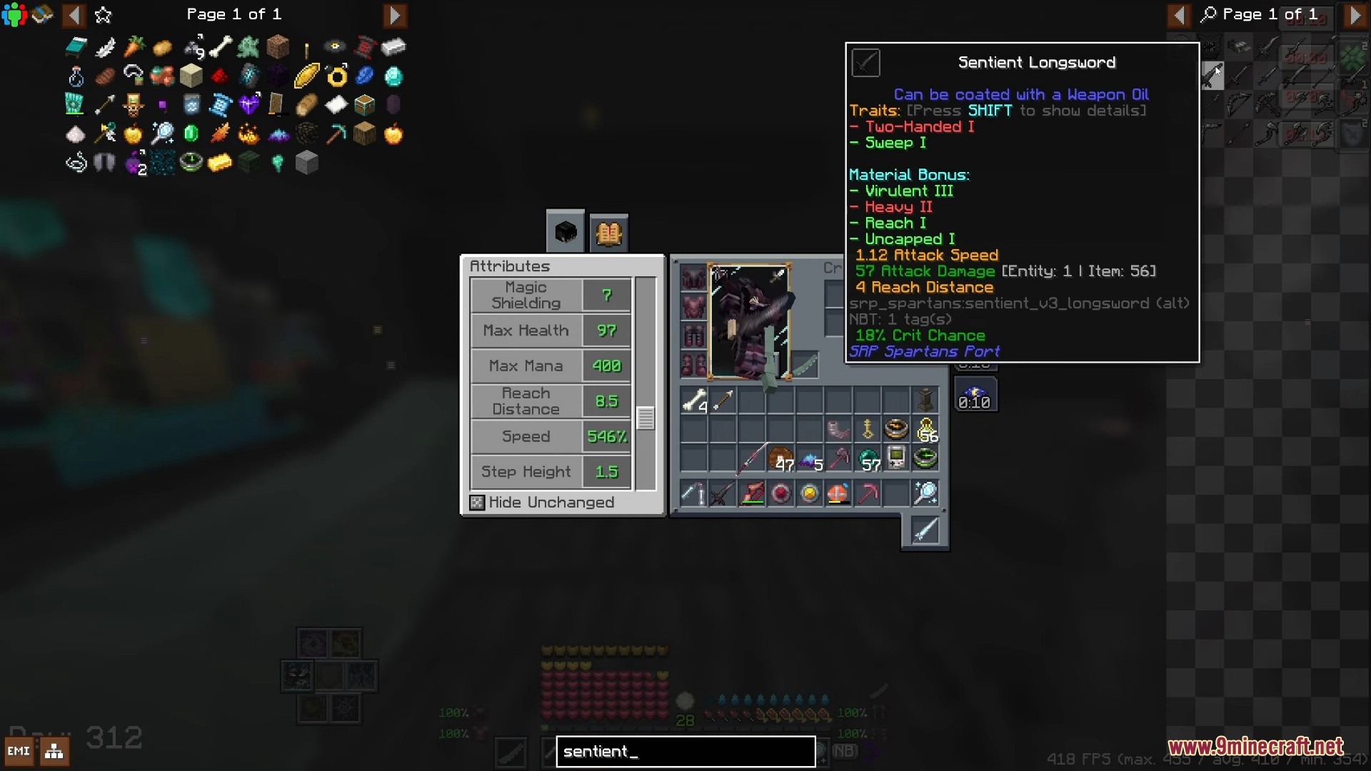 Viewing the detailed stats of a Sentient Longsword