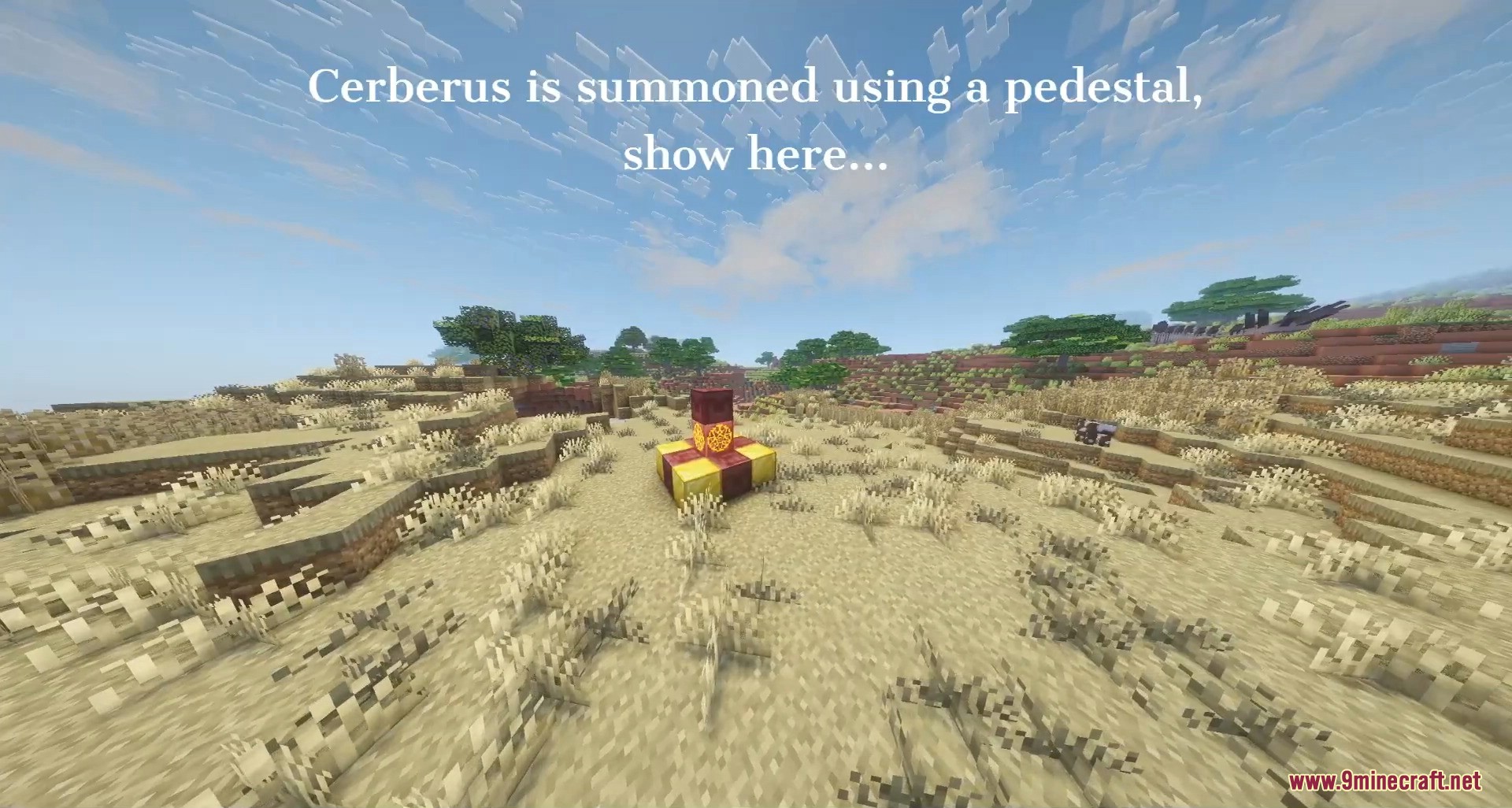 A summoning pedestal for the Cerberus boss in a savanna
