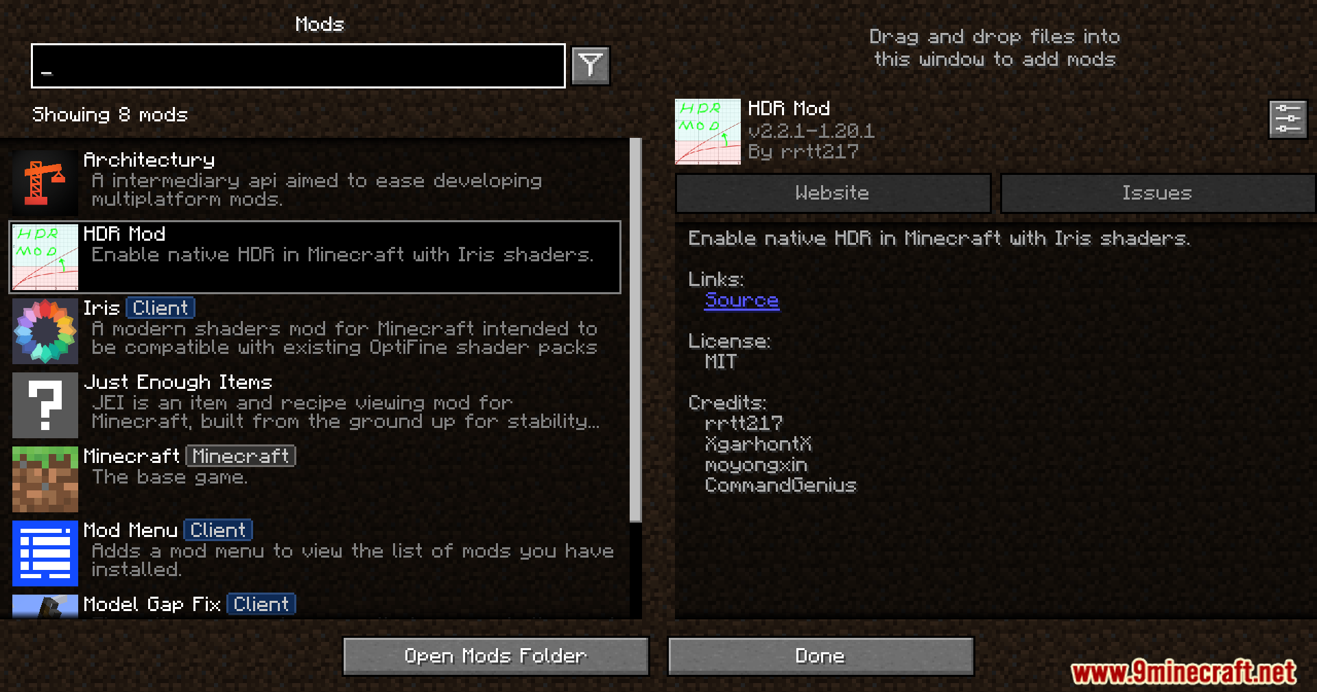 Rrtt217 S Hdr Mod Screenshot 1 A list of installed modifications in the game menu