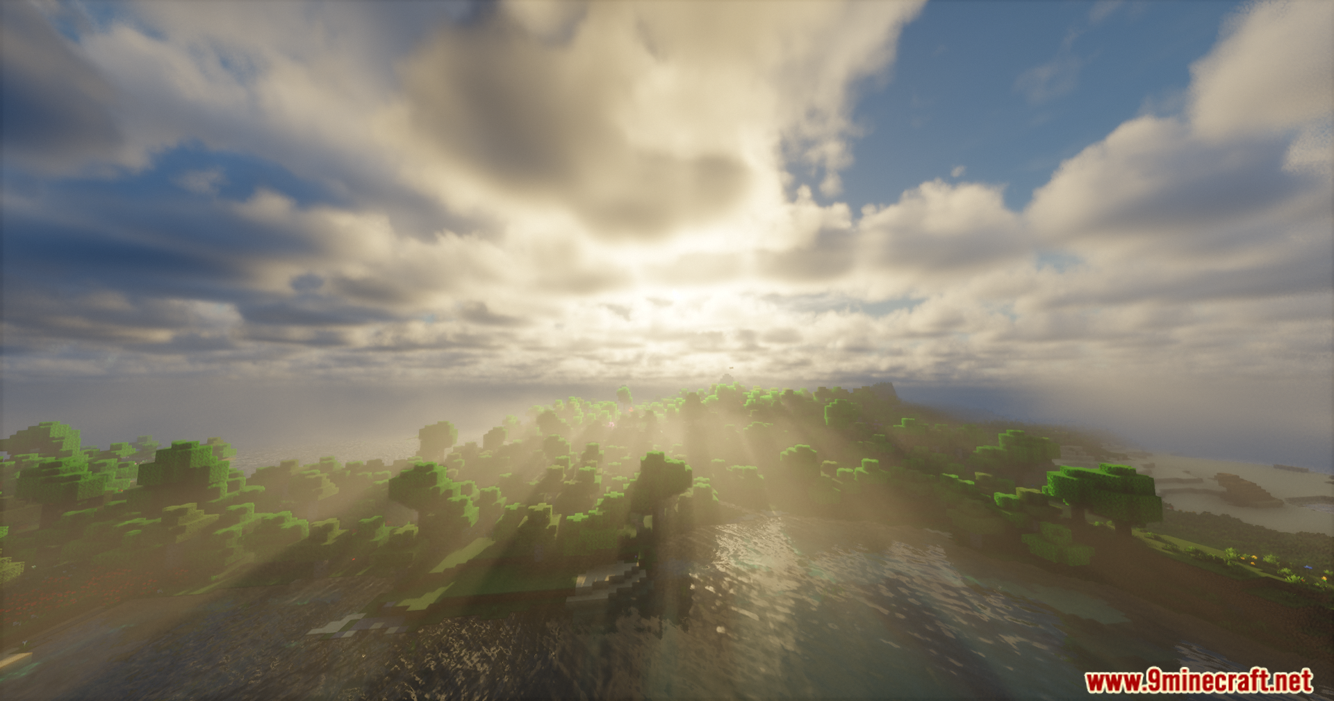 Rrtt217 S Hdr Mod Screenshot 10 Bright sunbeams shining through clouds over a forest and water landscape