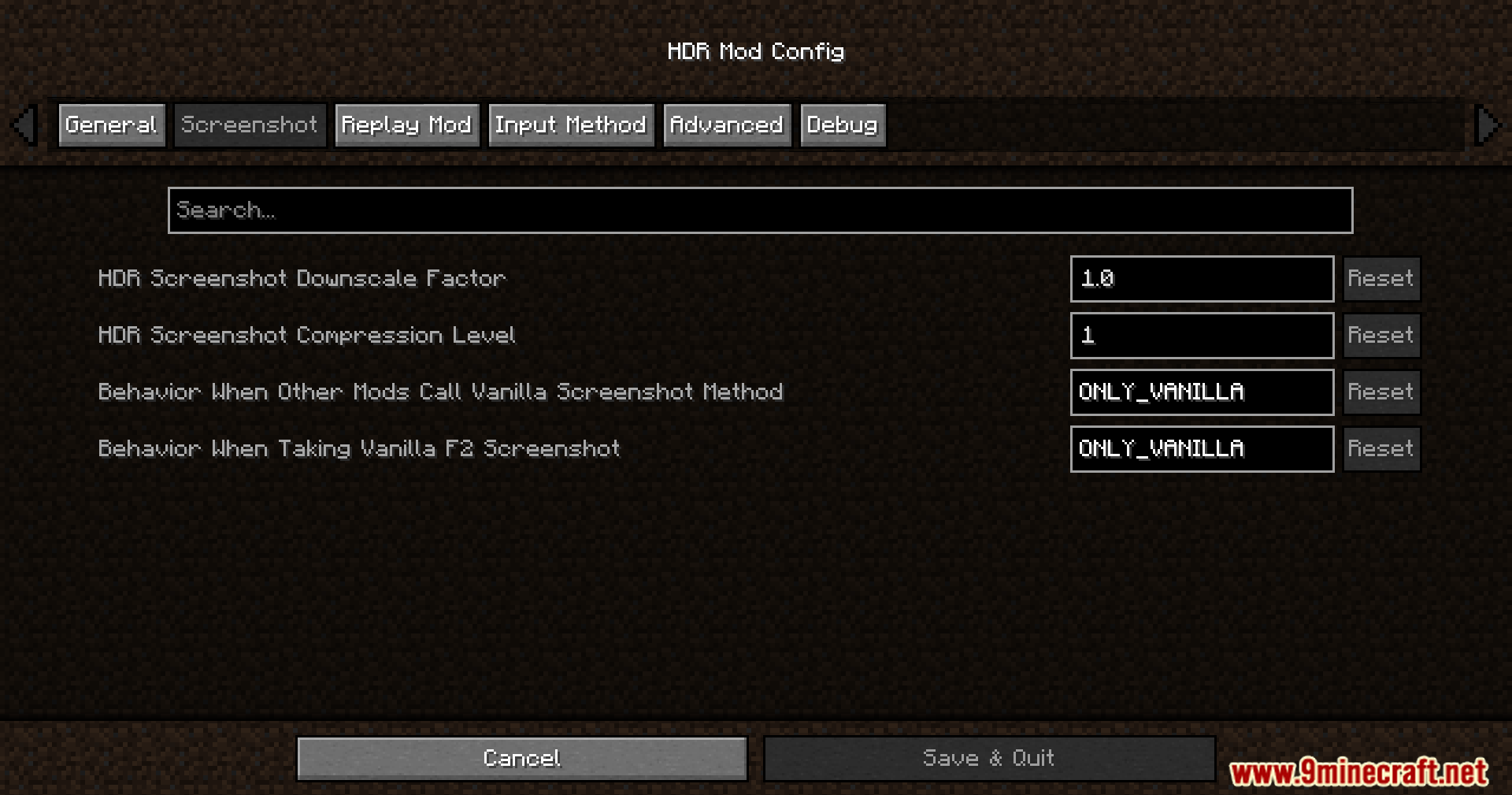 Rrtt217 S Hdr Mod Screenshot 3 Minecraft configuration menu showing screenshot settings for high dynamic range lighting