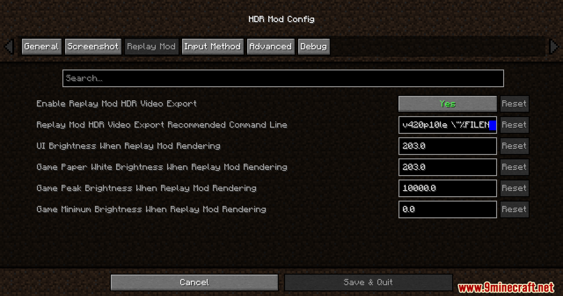 Rrtt217 S Hdr Mod Screenshot 4 Configuration menu displaying replay mod settings for high dynamic range video export