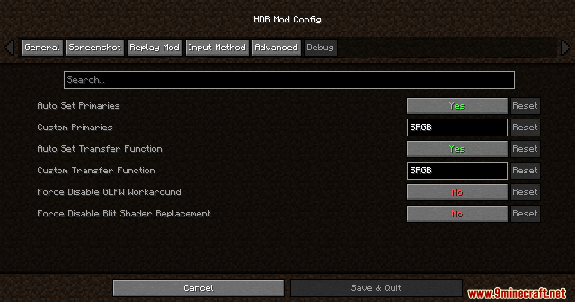 Rrtt217 S Hdr Mod Screenshot 6 HDR Mod Config menu displaying the Advanced tab options in Minecraft