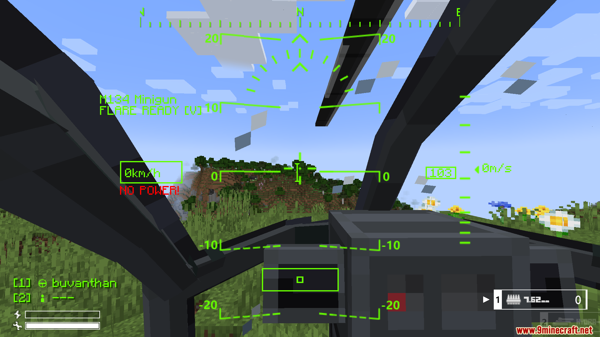 First-person view from a helicopter cockpit with HUD