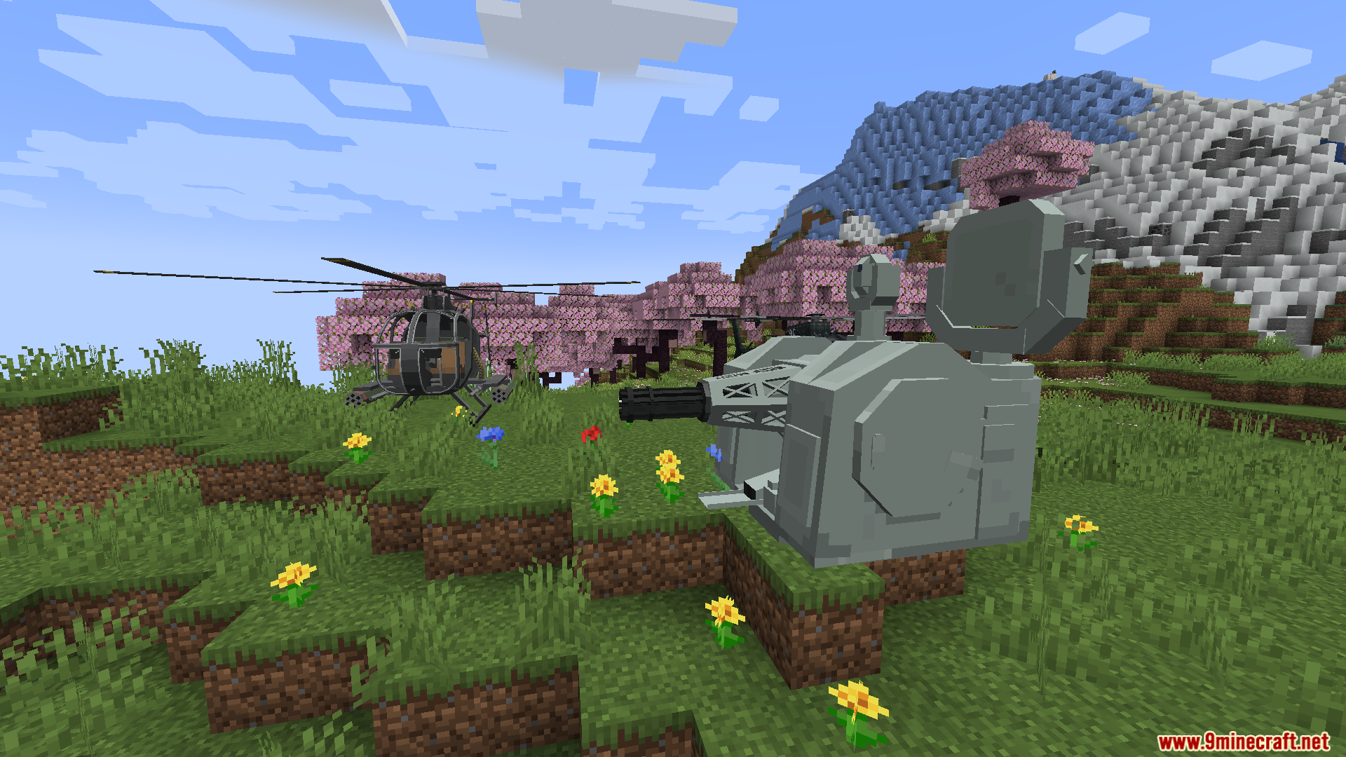 A helicopter and a stationary anti-aircraft gun turret
