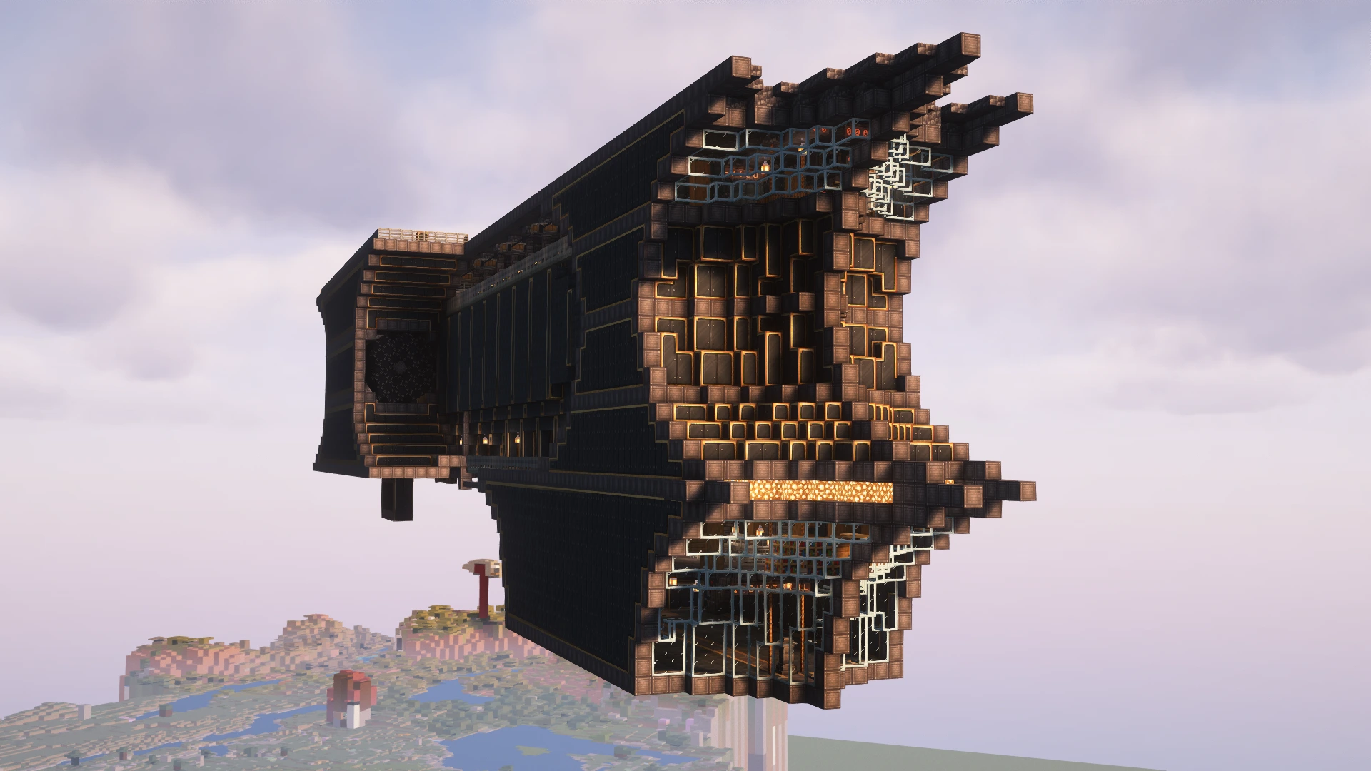 The SS Venator airship base floating high above a scenic Minecraft landscape