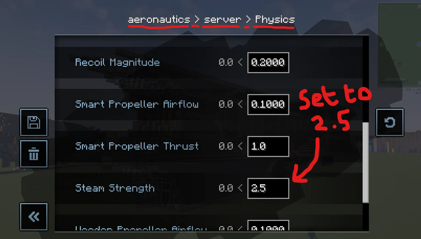 Physics settings menu showing the steam strength value adjusted to two point five