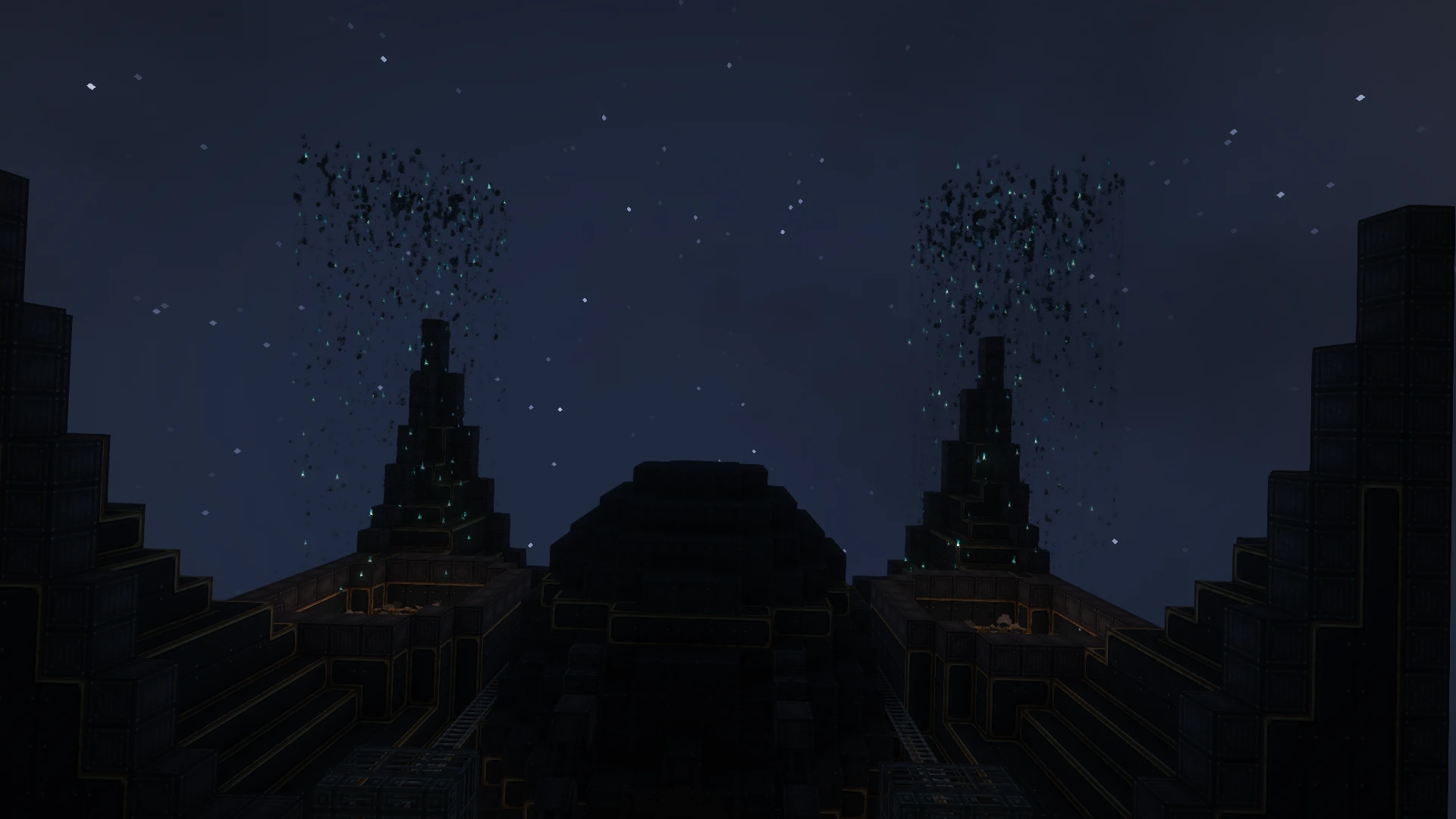 Large dark airship emitting blue soul campfire particles into the night sky