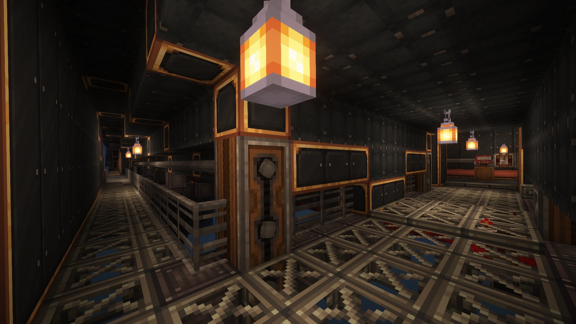 Industrial hallway with metallic walls and glowing orange lanterns inside an airship