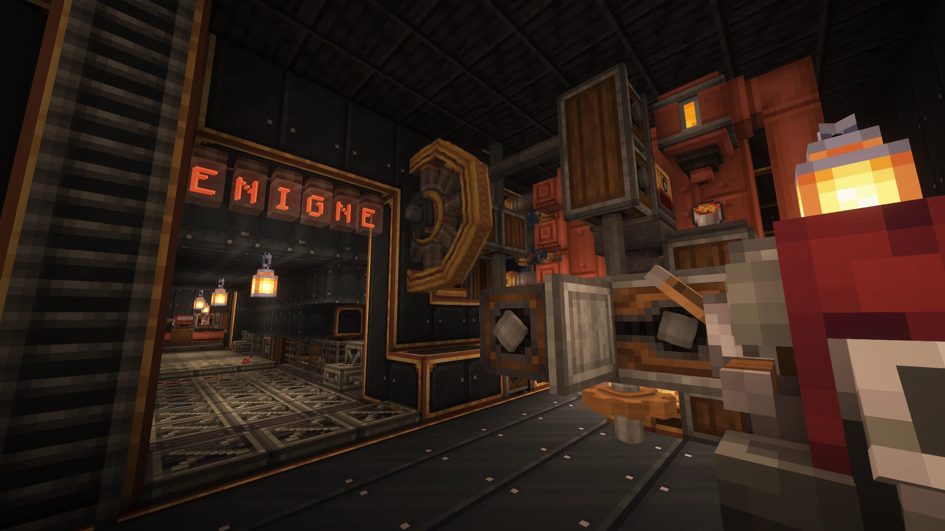 Mechanical engine room with gears and pipes inside the SS Venator airship