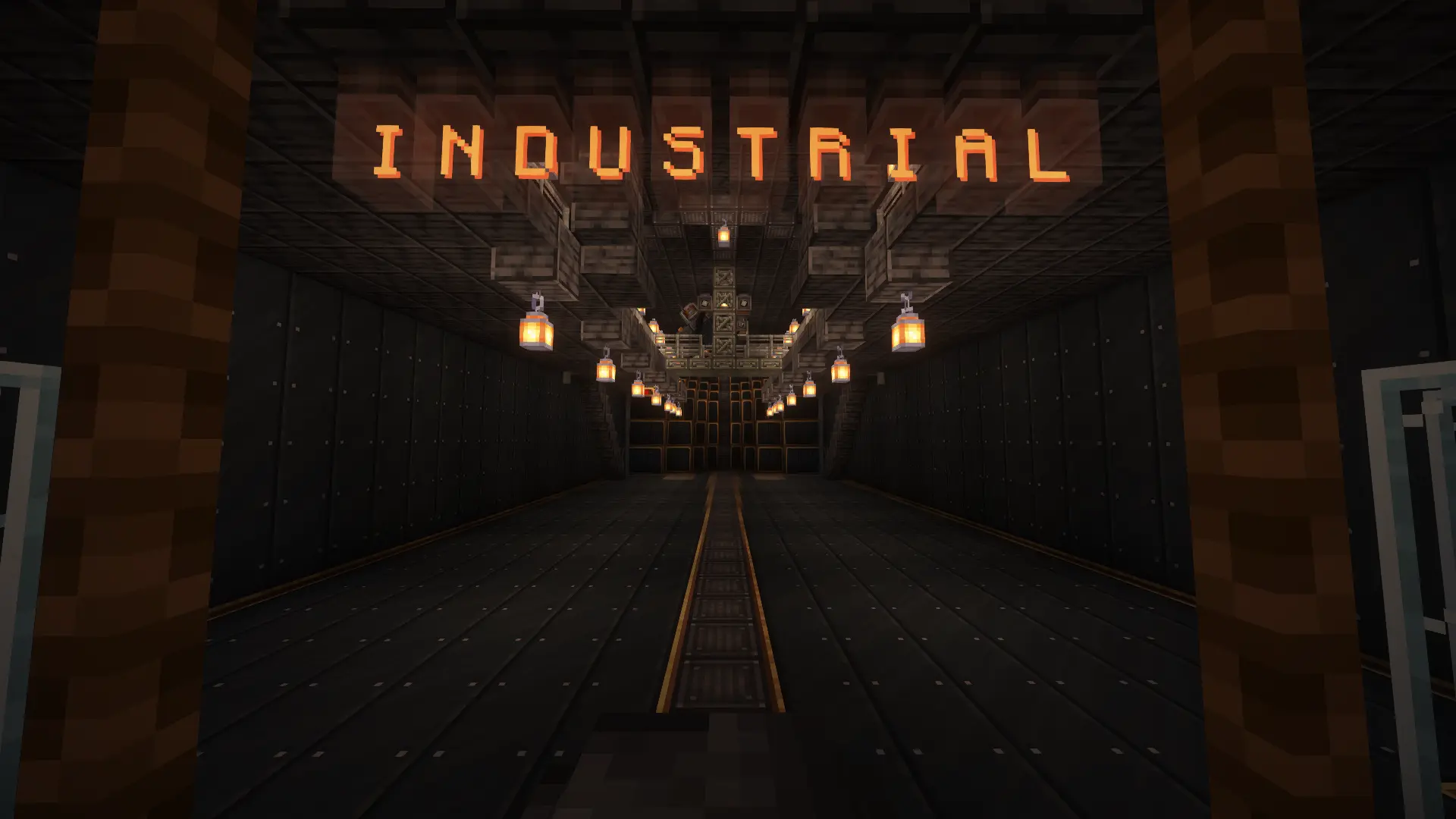 A dark industrial hallway inside a Minecraft airship with glowing orange text