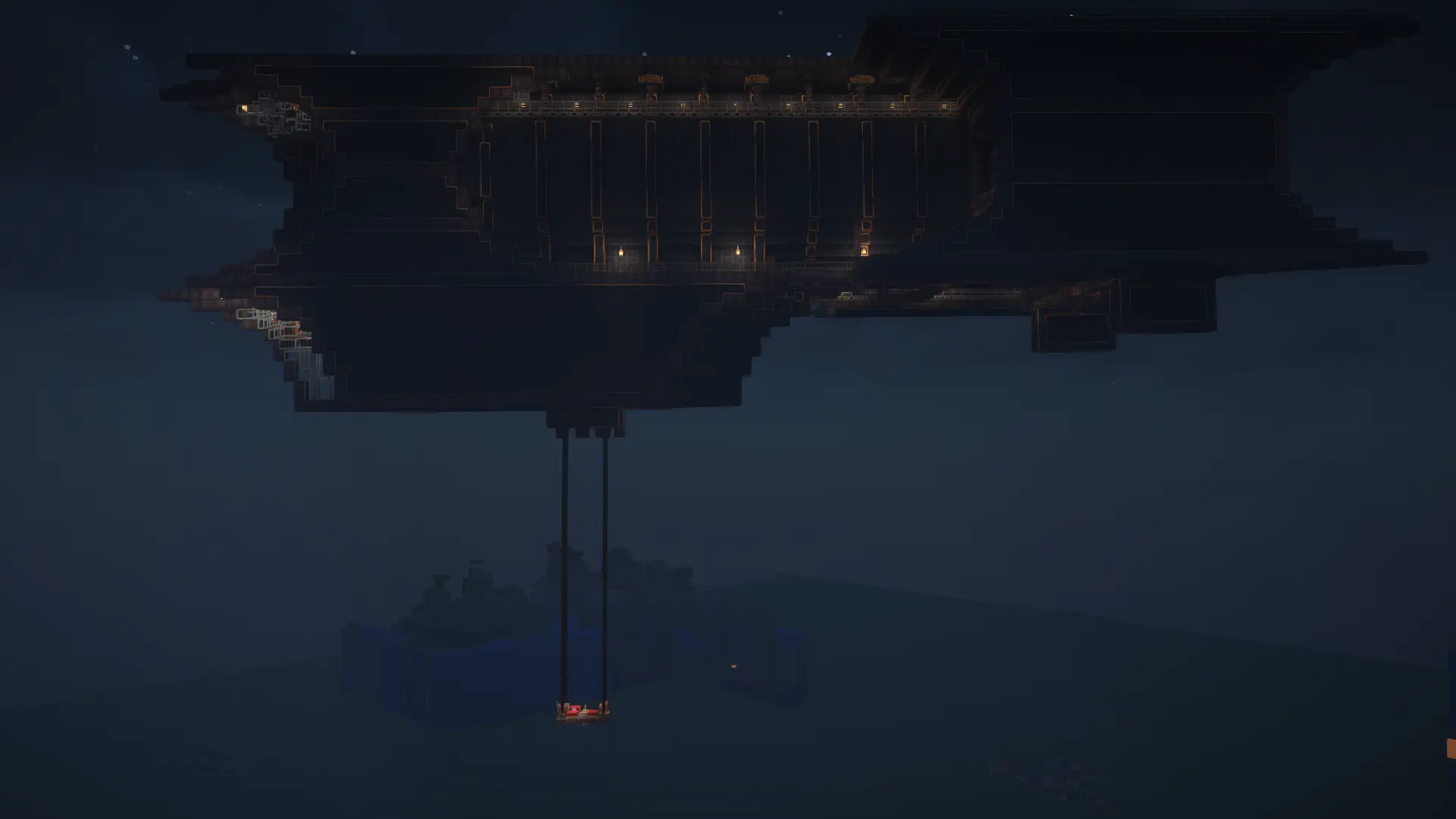 The SS Venator airship floating in the dark sky with a rope elevator