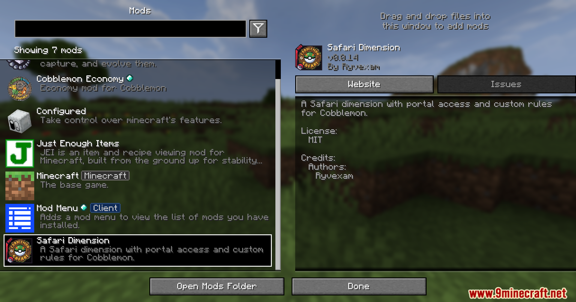 Safari Dimension mod listed in the mods menu