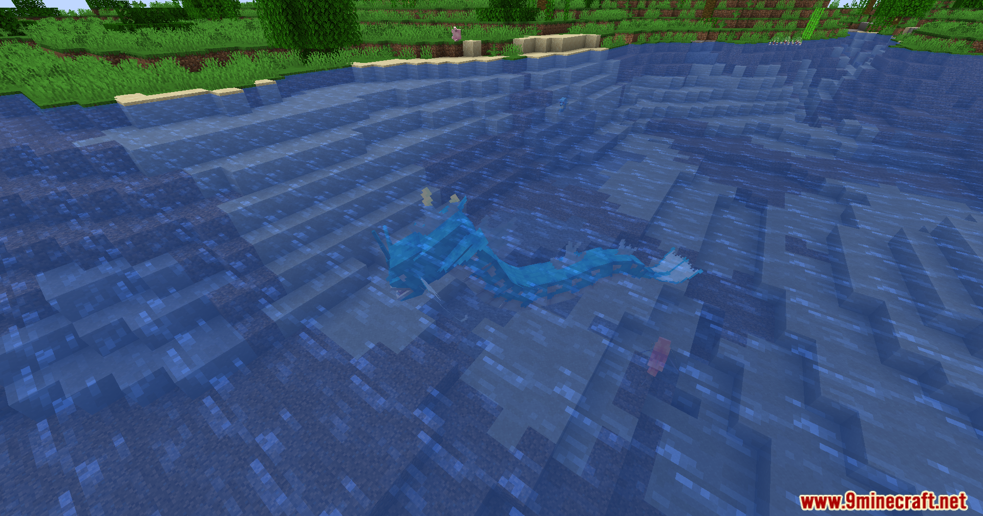A Gyarados swimming underwater in a lake