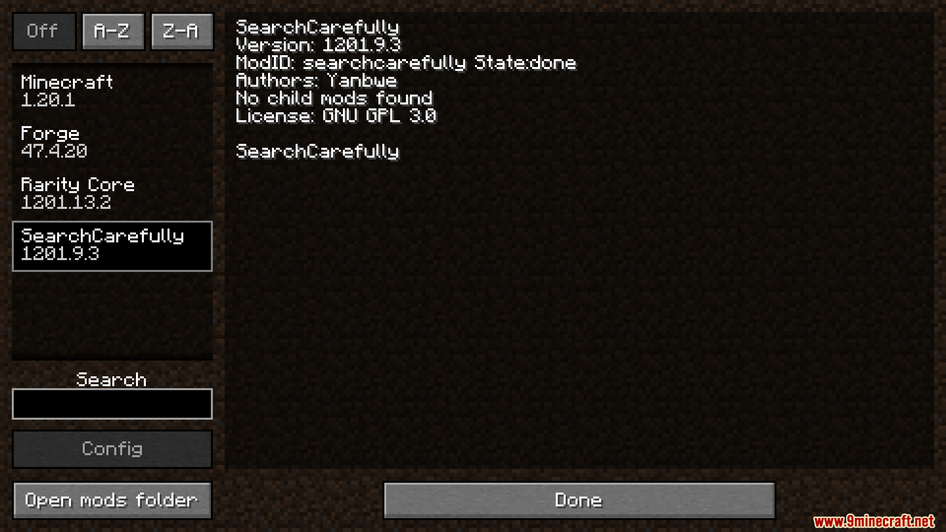 Search Carefully Mod Screenshot 1 Mod list menu showing Search Carefully mod details and version