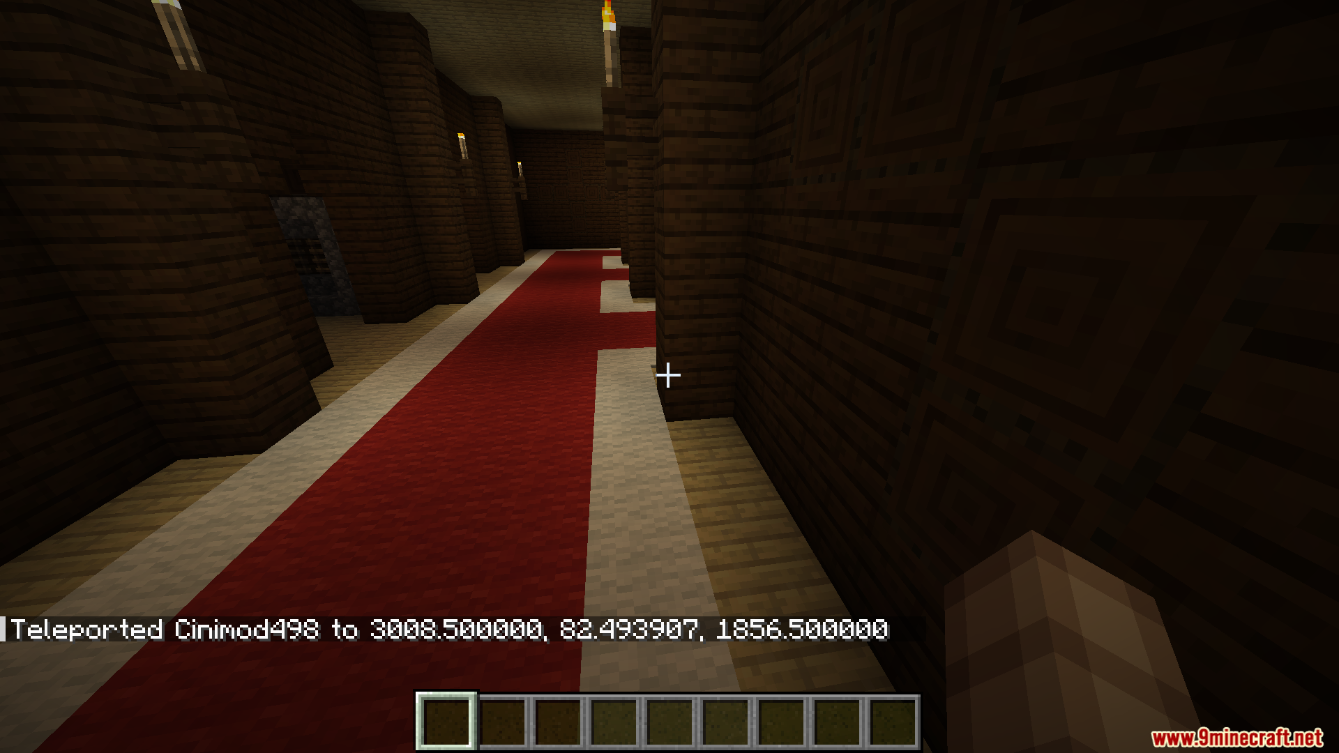 Search Carefully Mod Screenshot 10 Player exploring a dark wooden mansion corridor with a long red carpet