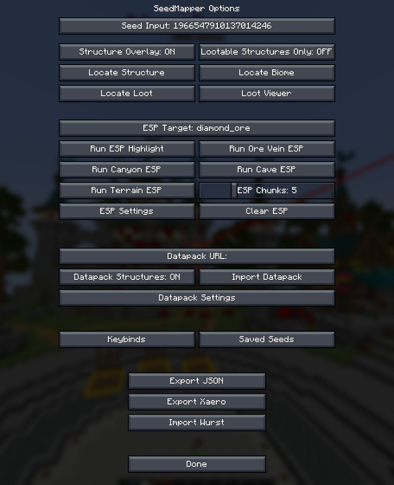 SeedMapper Cevapi Mod Screenshot 1 Main configuration menu showing options for structures biomes and esp settings