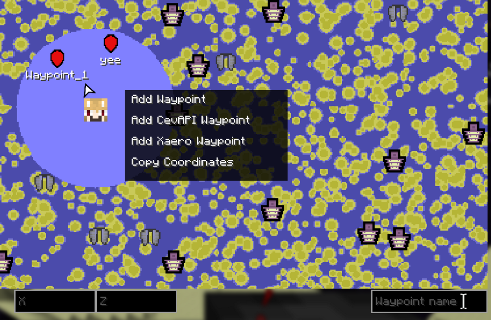 SeedMapper Cevapi Mod Screenshot 11 A map interface showing waypoints and structures in a Minecraft world