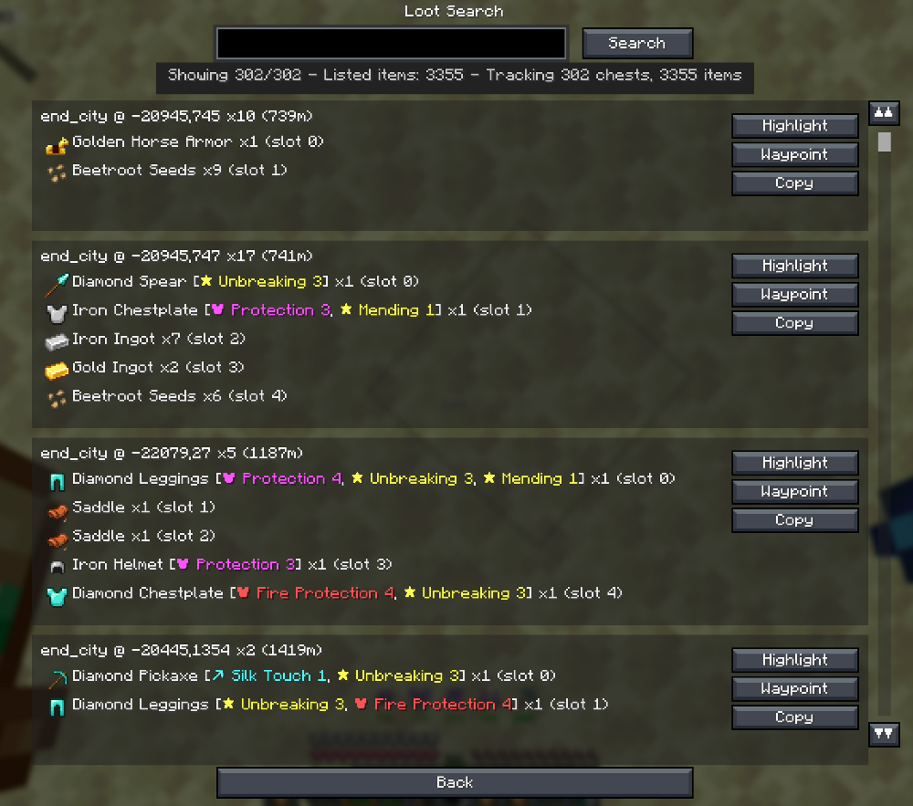 SeedMapper Cevapi Mod Screenshot 12 A loot search menu displaying items found in various end city chests