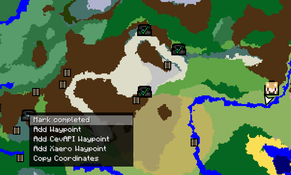 SeedMapper Cevapi Mod Screenshot 13 Context menu on a map interface showing options to mark structures completed