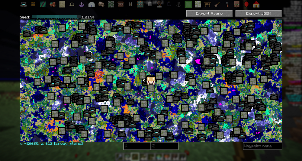 SeedMapper Cevapi Mod Screenshot 3 Minecraft map interface displaying numerous structure icons scattered across different overworld biomes