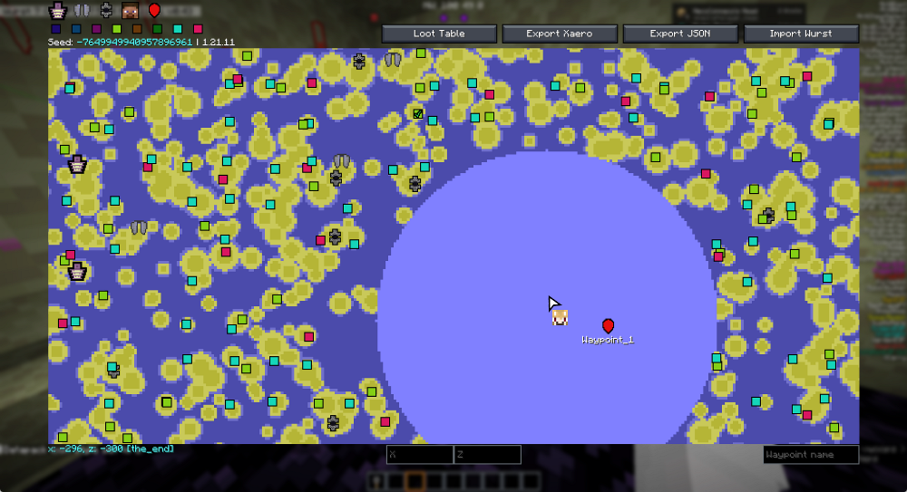SeedMapper Cevapi Mod Screenshot 4 End dimension map interface displaying yellow islands colored square icons and blue circle