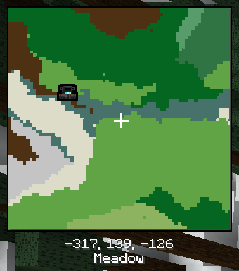 SeedMapper Cevapi Mod Screenshot 6 Square minimap interface displaying terrain layout coordinates and current meadow biome name