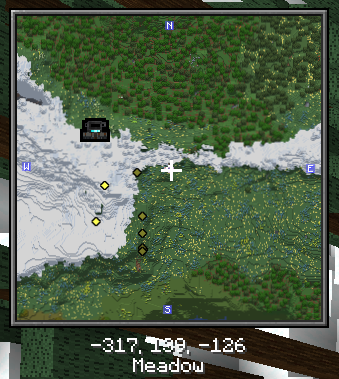 SeedMapper Cevapi Mod Screenshot 7 Minimap displaying snow and meadow biomes with structure icons and player coordinates