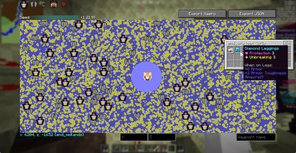 SeedMapper Cevapi Mod Screenshot 9 Large map view revealing End City locations and available diamond loot