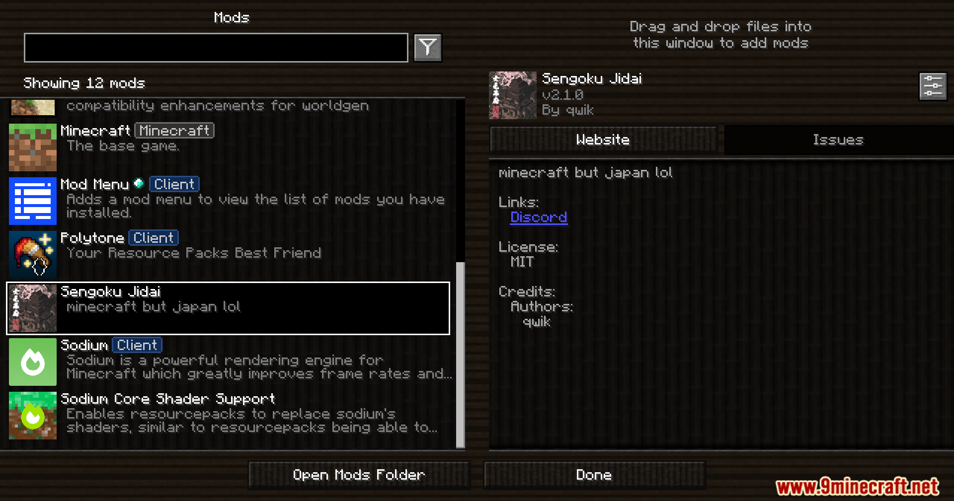 Sengoku Jidai Mod Screenshot 1 Mod menu interface displaying the Sengoku Jidai modification and other installed plugins
