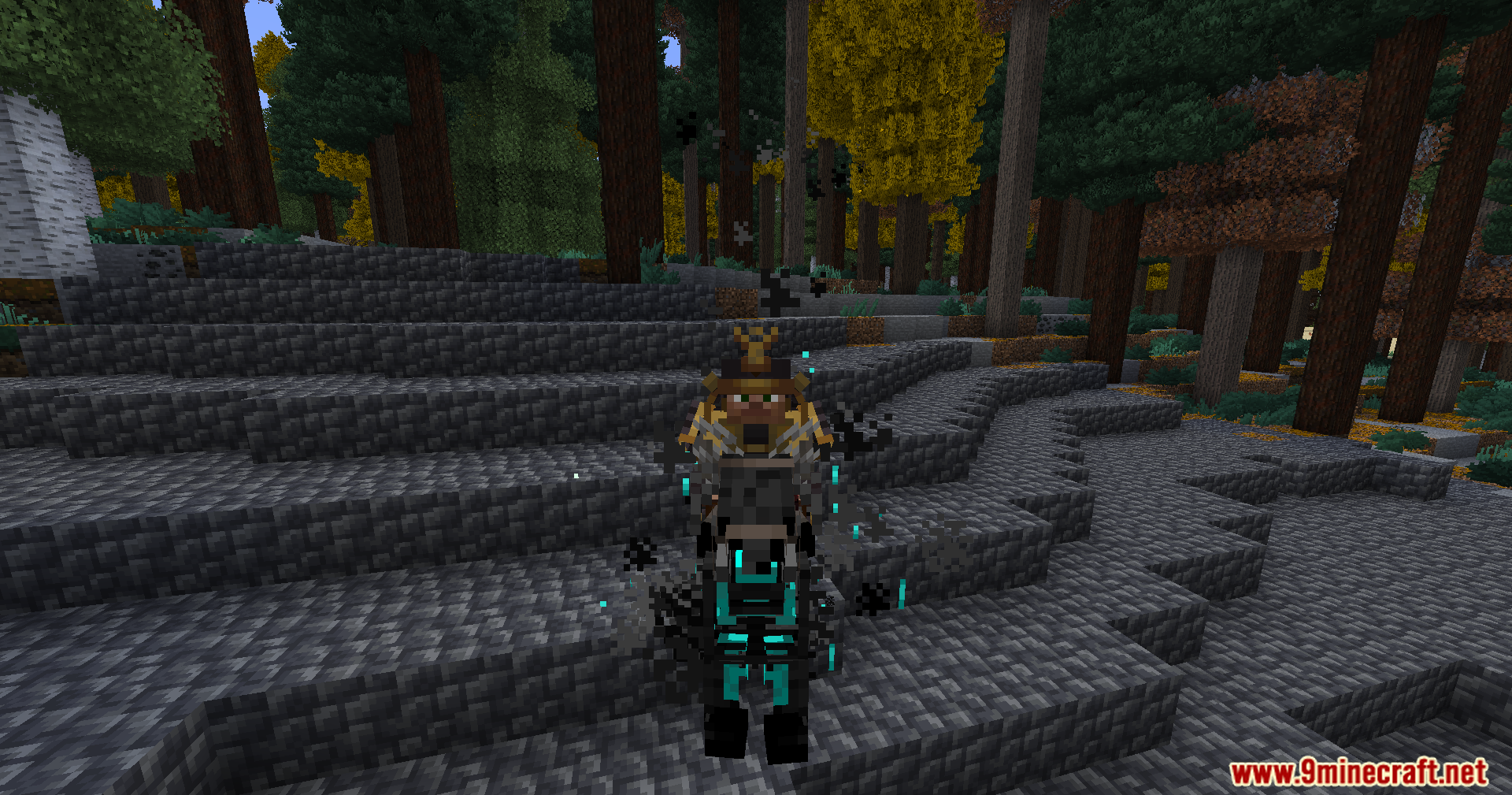 Sengoku Jidai Mod Screenshot 10 A samurai riding a dark horse with glowing cyan markings in the woods