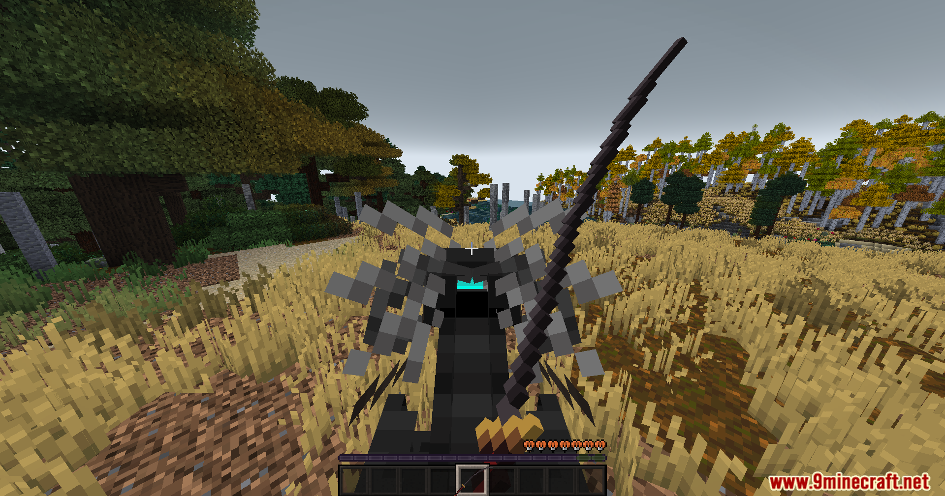 Sengoku Jidai Mod Screenshot 13 Player riding a dark skeletal horse while holding a long spear in a field