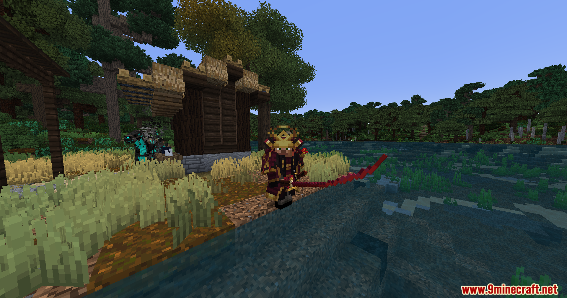 Sengoku Jidai Mod Screenshot 15 A samurai character holding a red katana stands near a wooden building