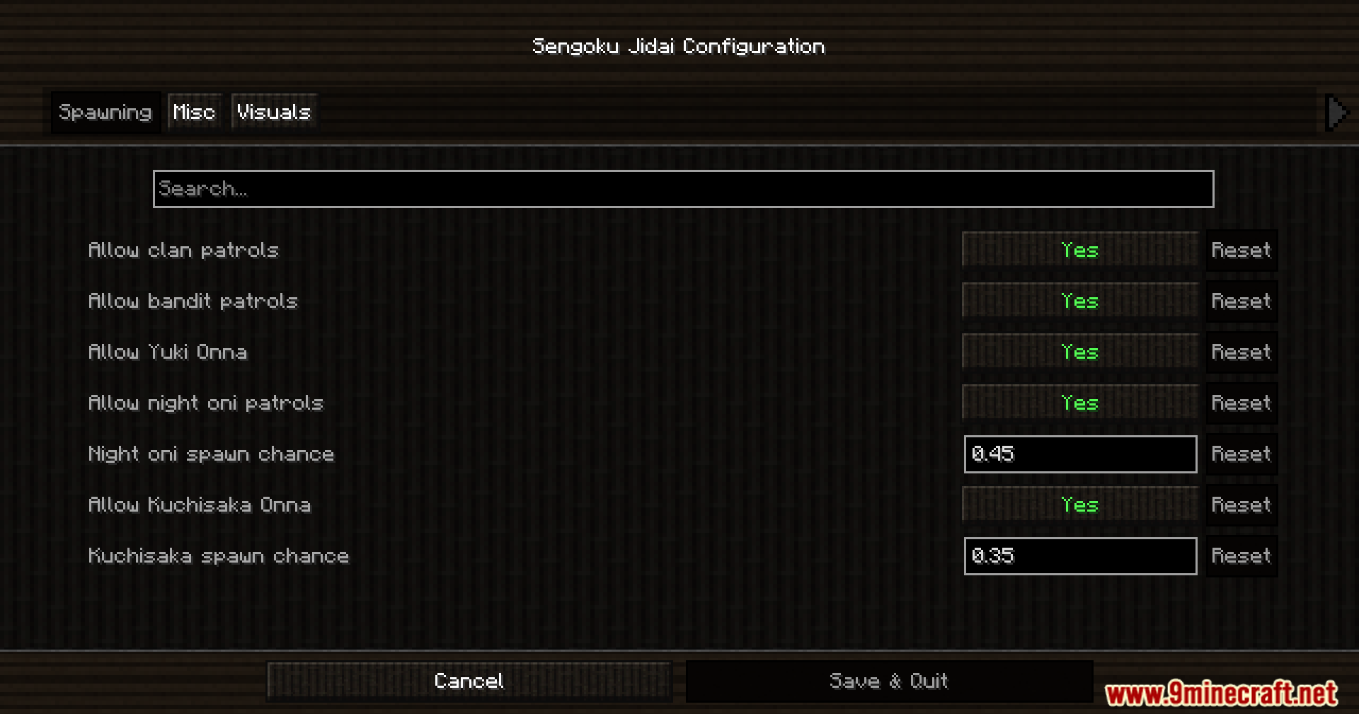 Sengoku Jidai Mod Screenshot 2 Configuration menu for adjusting spawn settings of various Japanese mythical creatures and patrols