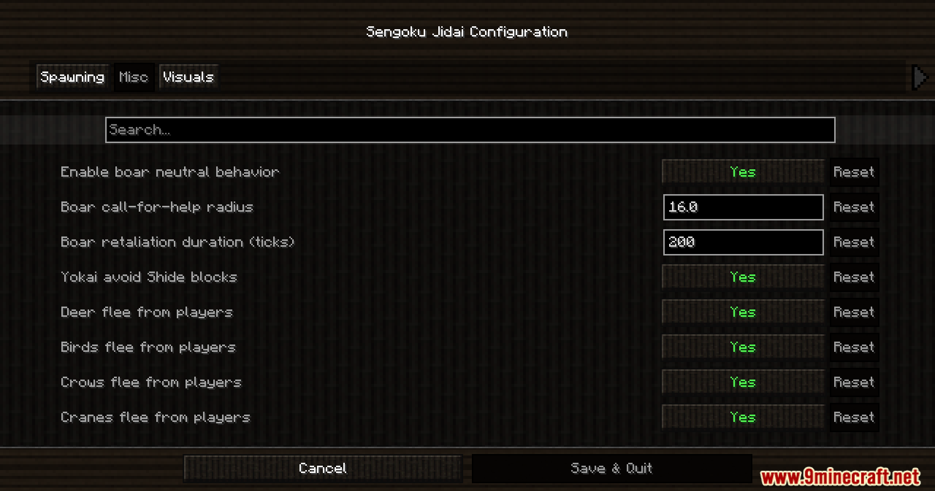 Sengoku Jidai Mod Screenshot 3 Spawning configuration settings for animals and creatures in the Sengoku Jidai mod