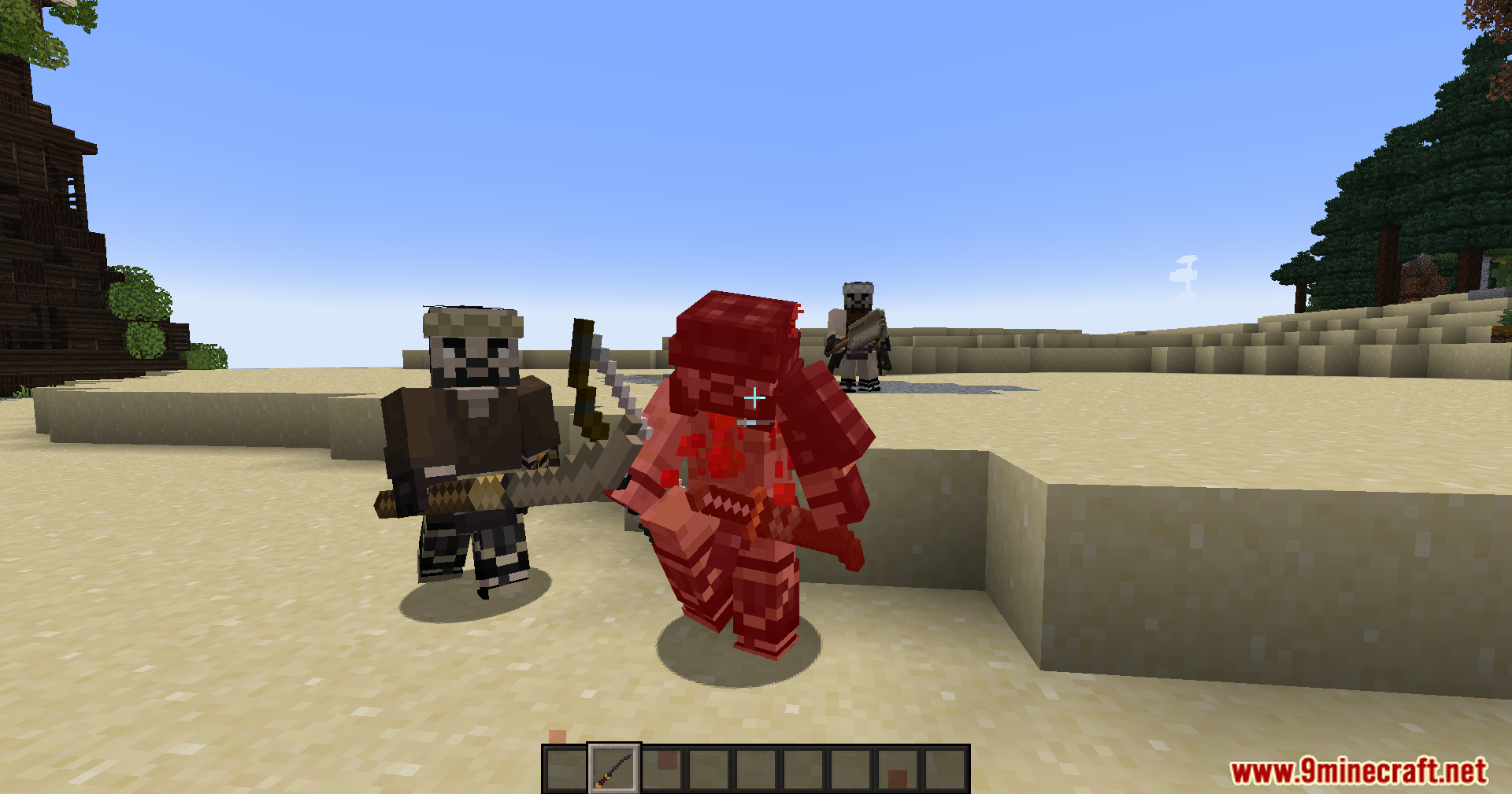 Sengoku Jidai Mod Screenshot 5 A player in red armor battles a samurai mob on a sandy beach