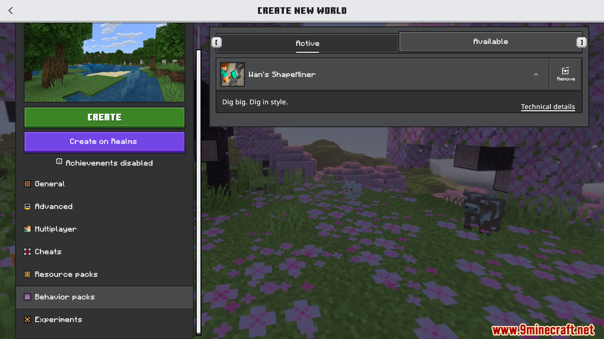 Menu screen showing active behavior pack for digging big in style