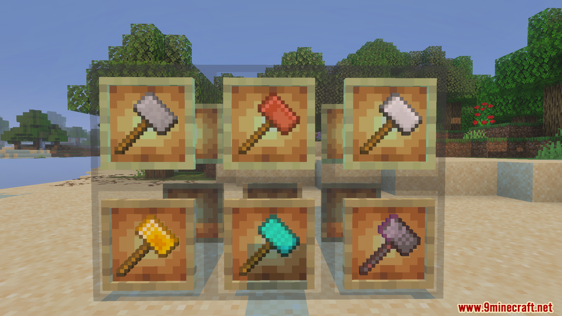 Six different colored hammers displayed in item frames on glass blocks