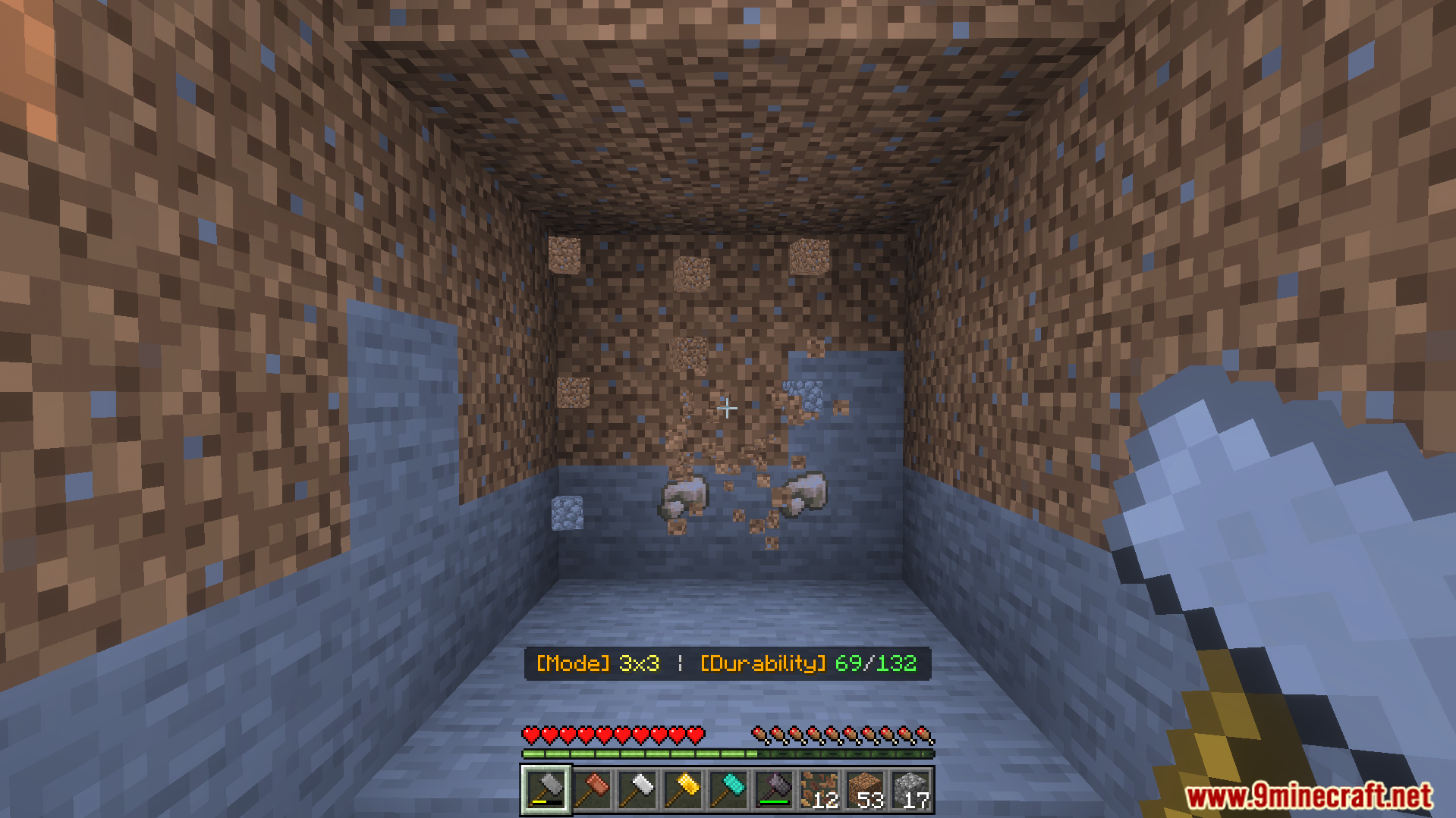 Breaking a three by three area of dirt blocks
