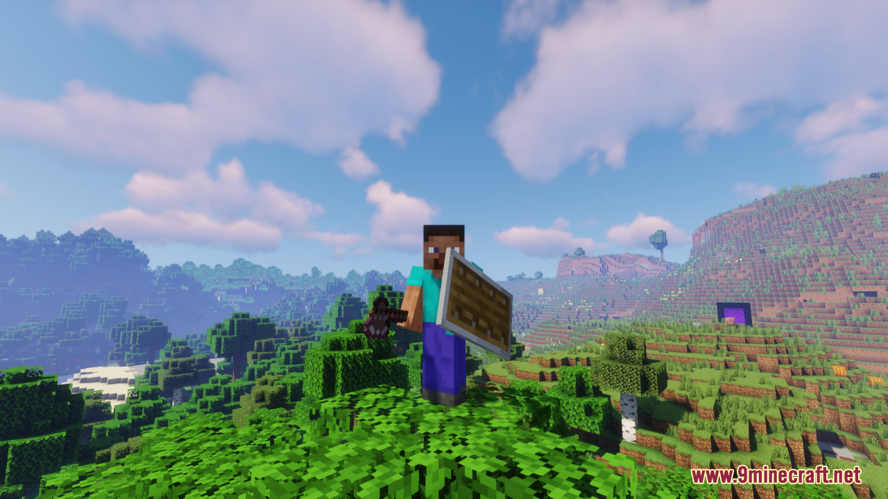 Player holds shield lowered by side in third person view