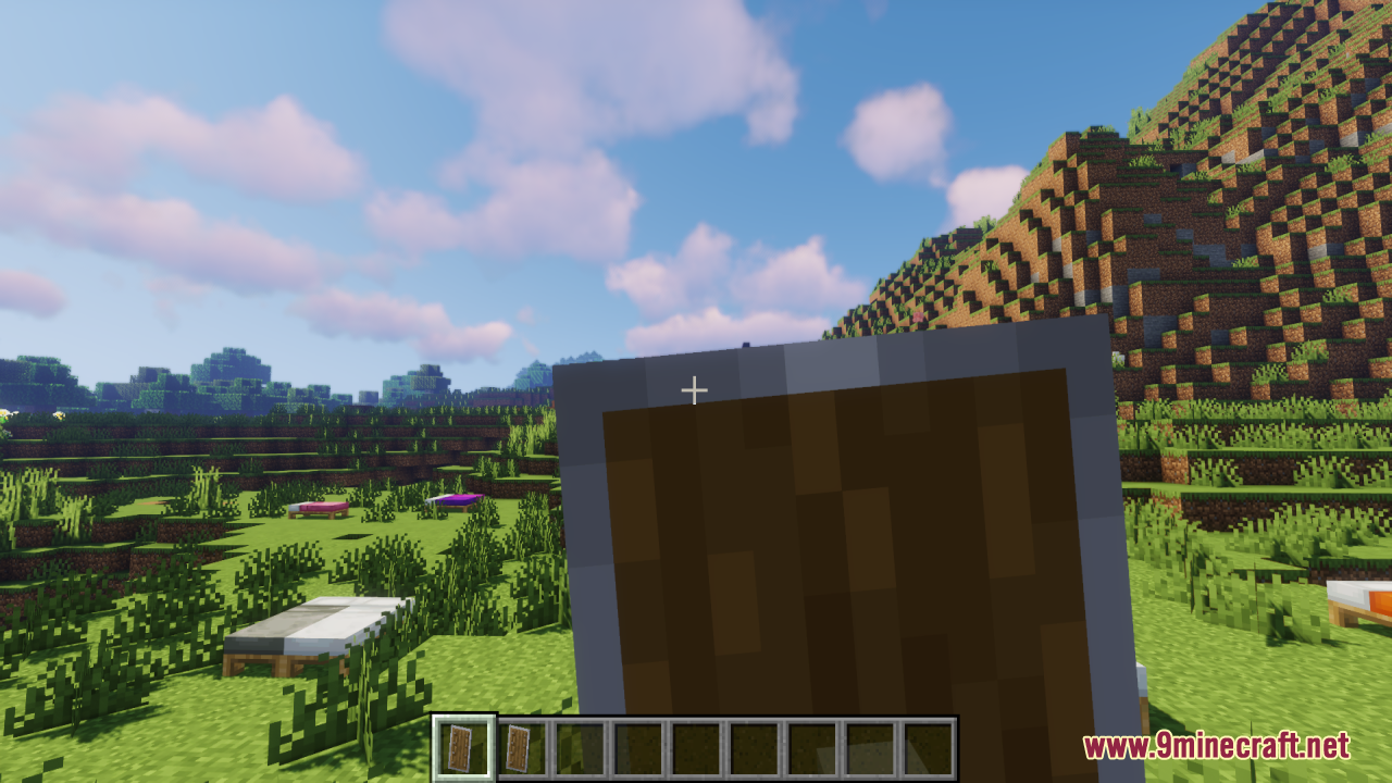 Player holding a raised shield blocking the view of the grassy landscape