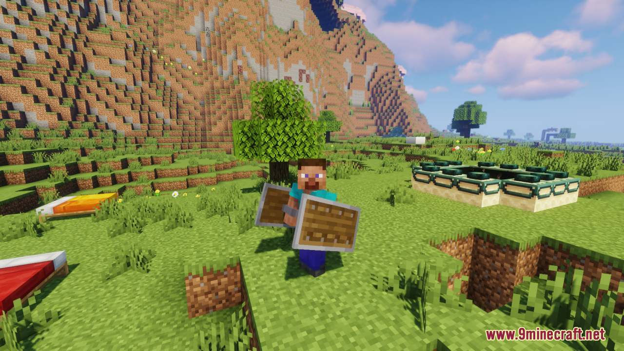 Minecraft player holding two shields down by his sides in a grassy landscape